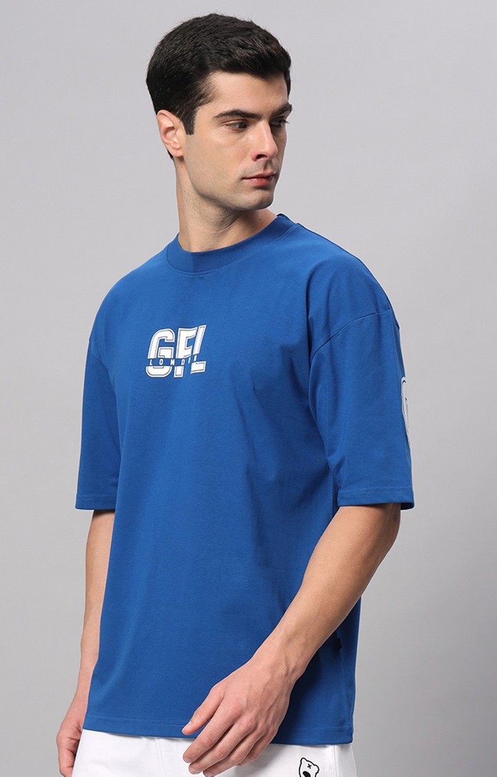 Men's Blue Printed Boxy T-Shirt