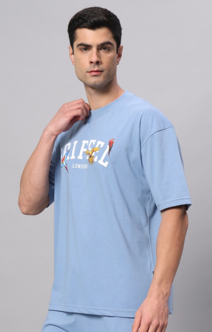 Men's Blue Printed Boxy T-Shirt