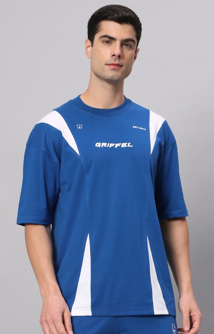 Men's Blue Printed Boxy T-Shirt