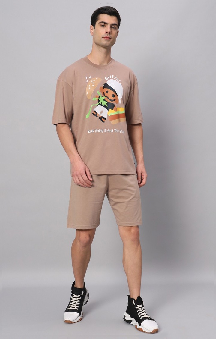 Men's Beige Printed Boxy T-Shirt