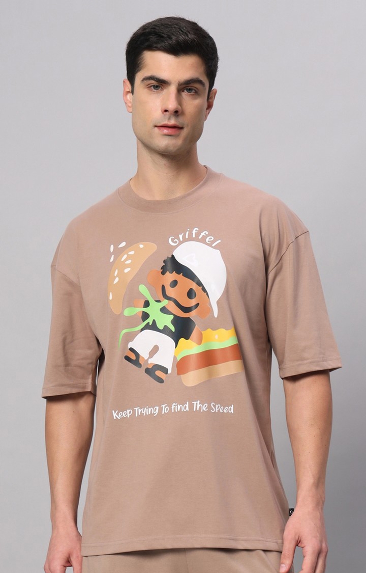 GRIFFEL | Men's Beige Cotton Loose Printed   Boxy T-Shirt s