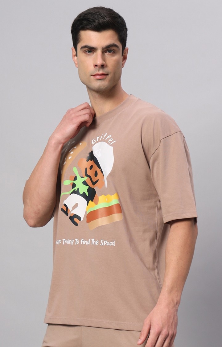 Men's Beige Printed Boxy T-Shirt