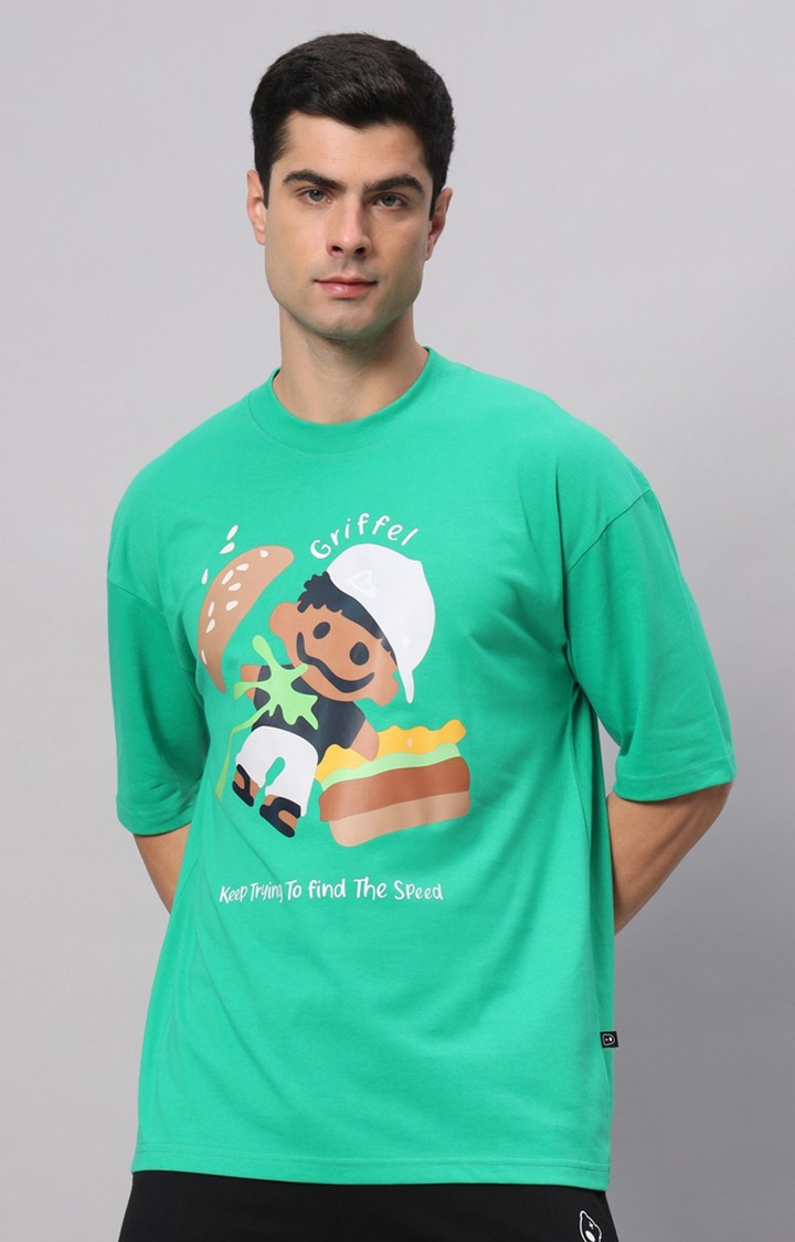 Men's Green Cotton Loose Printed   Boxy T-Shirt s