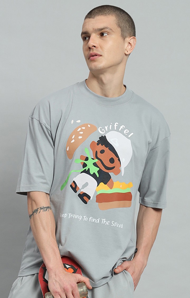 Men's Steel Grey Printed Oversized T-Shirts