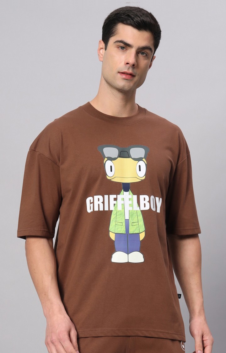 GRIFFEL | Men's Brown Cotton Loose Printed   Boxy T-Shirt s