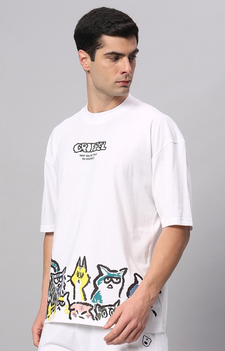 Men's White Printed Boxy T-Shirt