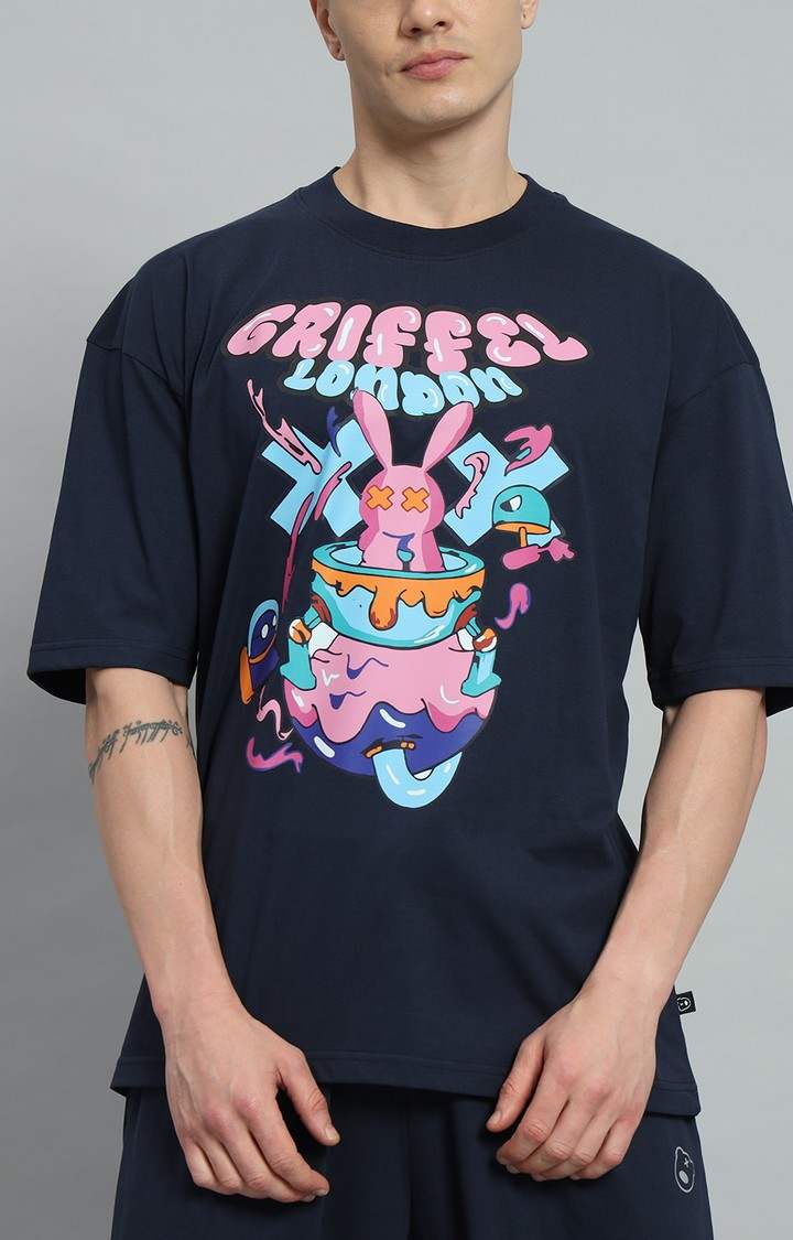 Men's Navy Printed Oversized T-Shirts