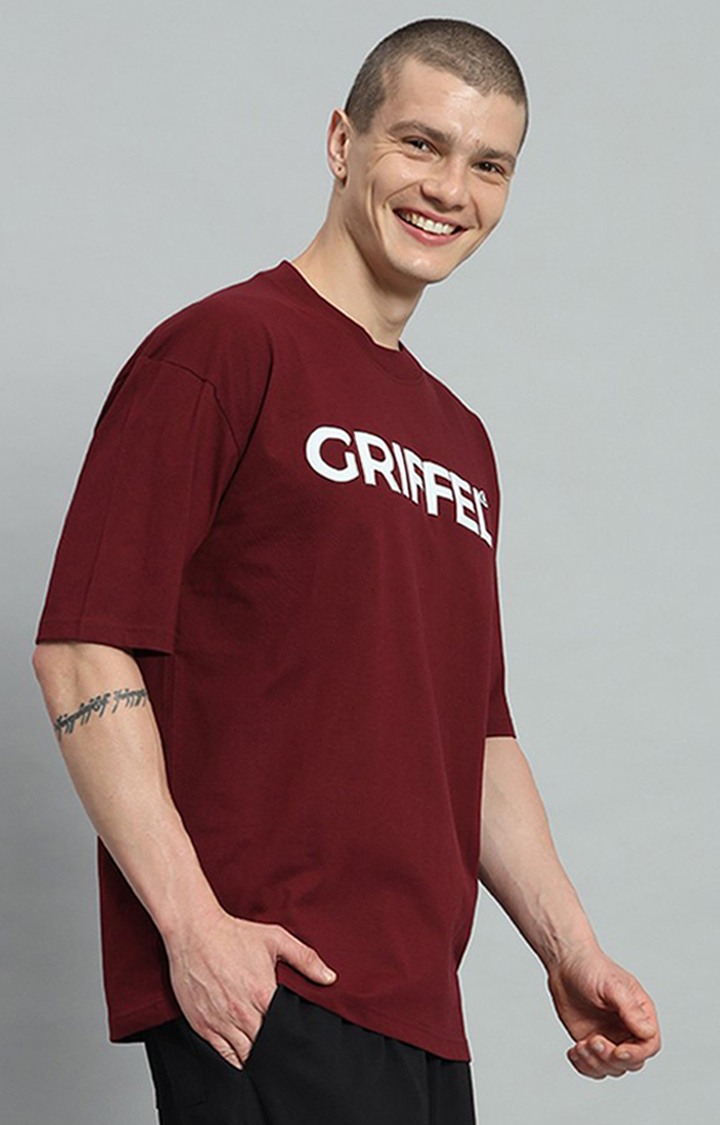 Men's Maroon Printed Oversized T-Shirts