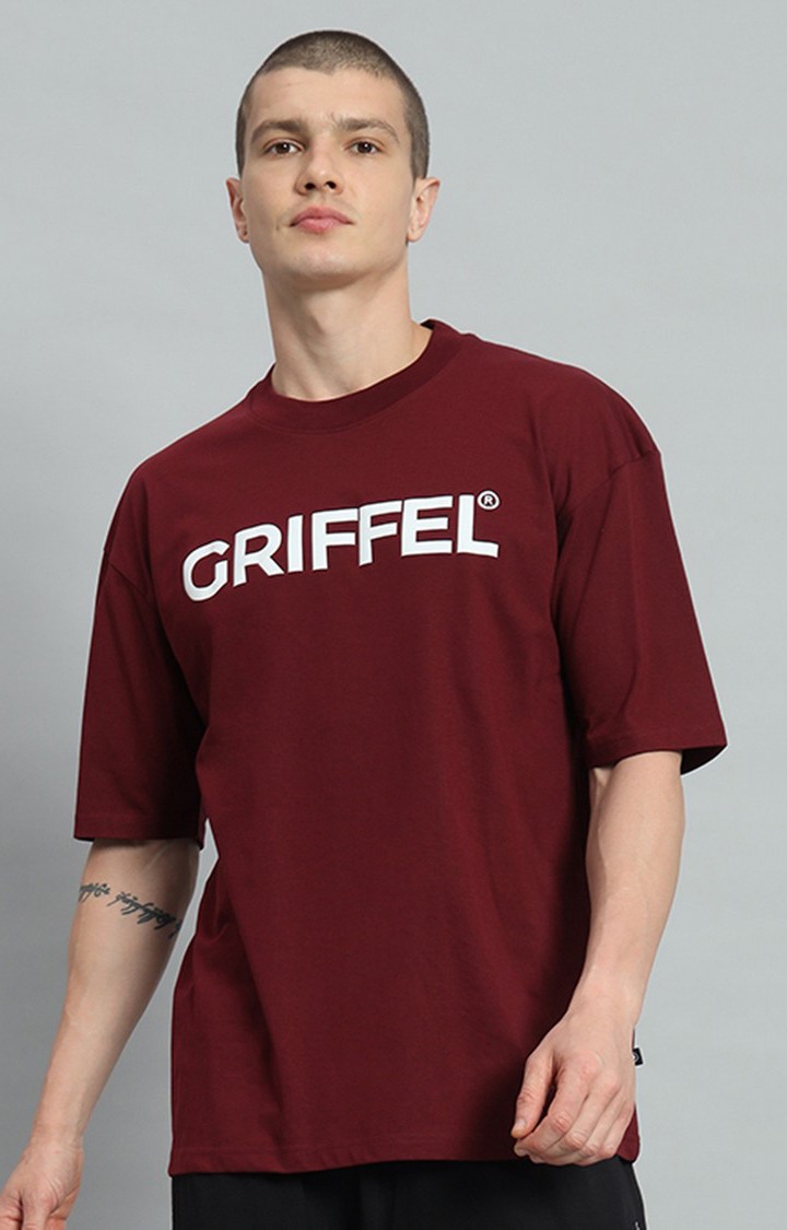 Men's Maroon Printed Oversized T-Shirts