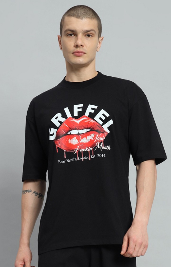Men's Black Printed Oversized T-Shirts