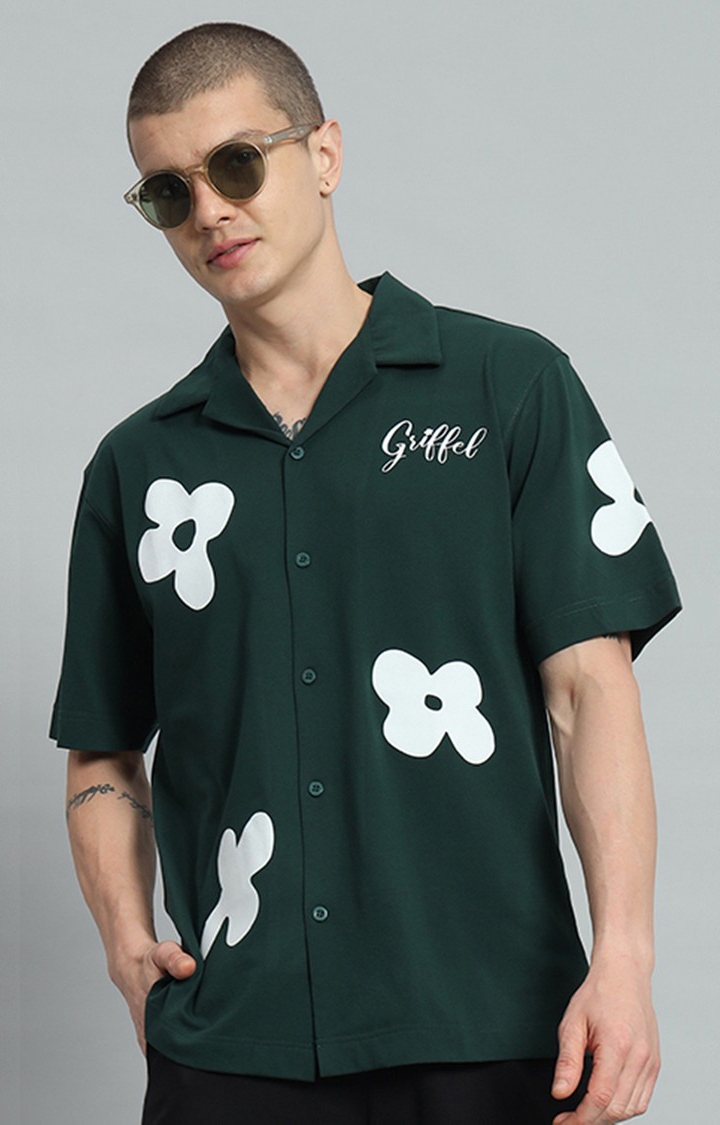 GRIFFEL | Men's Green Printed Oversized T-Shirts