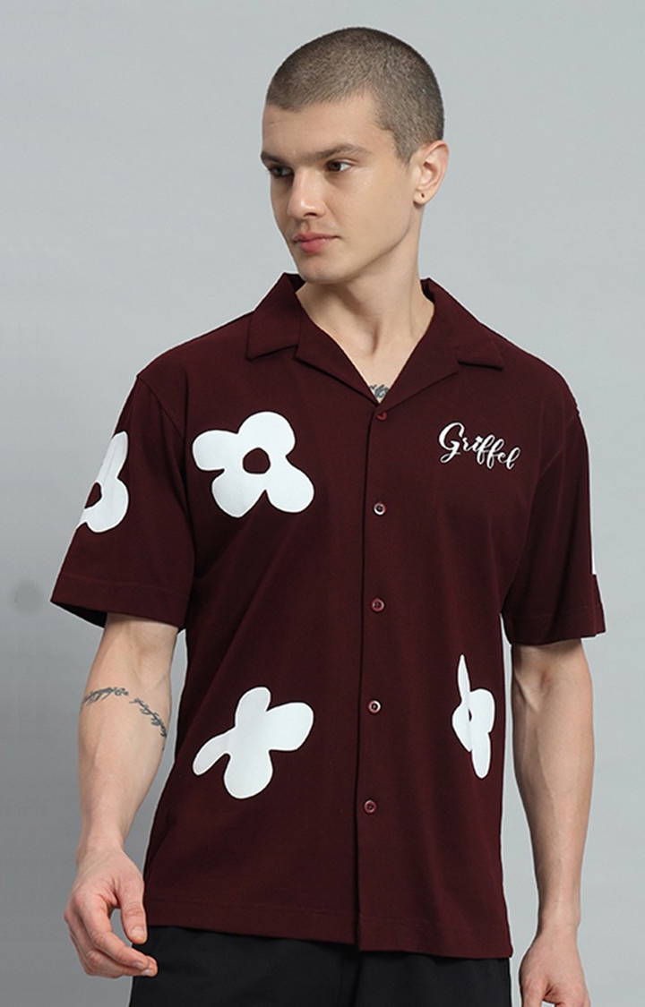 GRIFFEL | Men's Maroon Printed Oversized T-Shirts