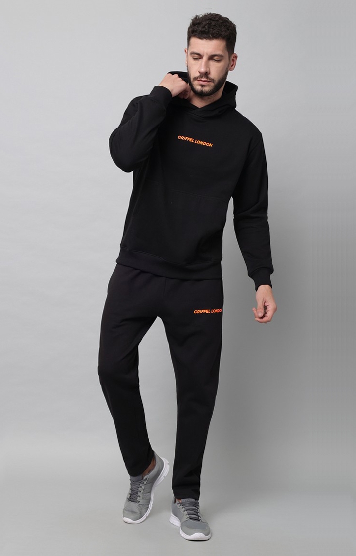GRIFFEL | Men's Front Logo Solid Fleece Basic  Black Tracksuit