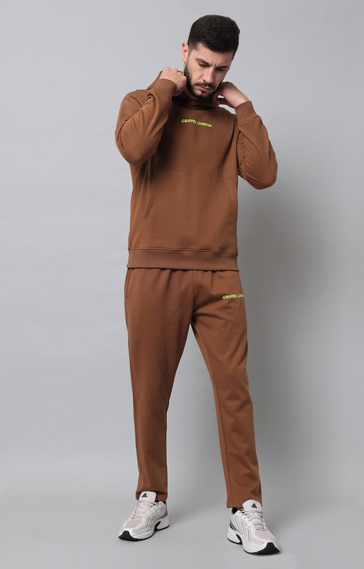 Men's Front Logo Solid Fleece Basic Brown Tracksuit