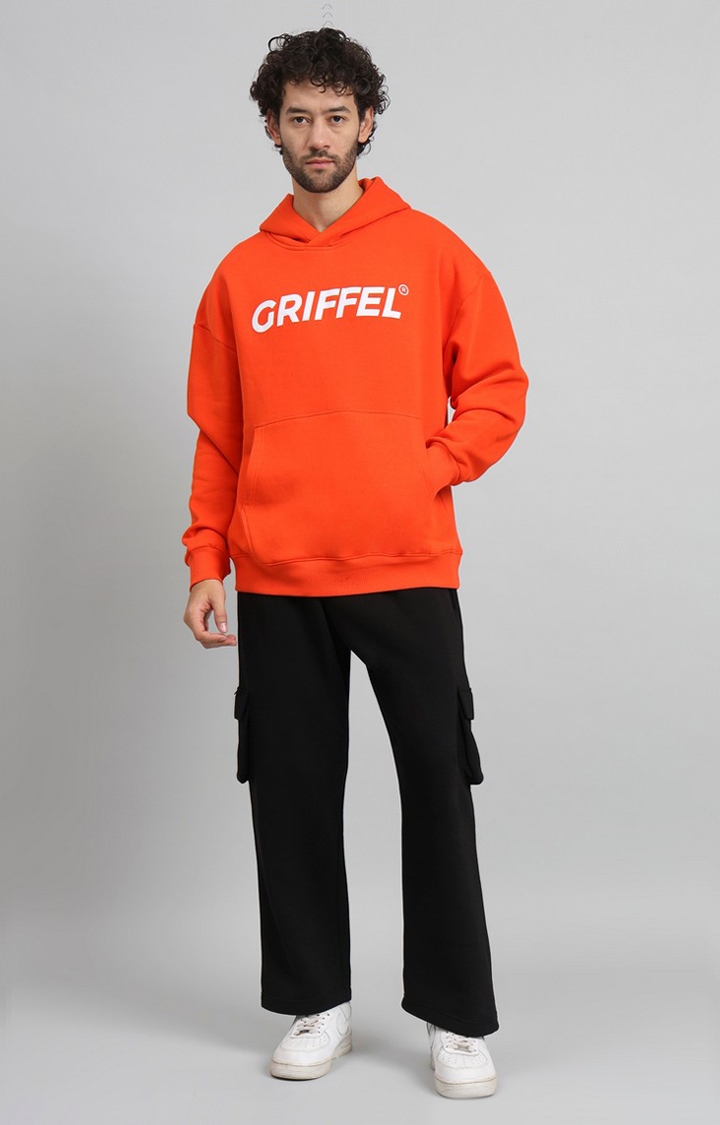 Men's Oversized Fit Front Logo Fleece Basic Hoodie Orange Tracksuit