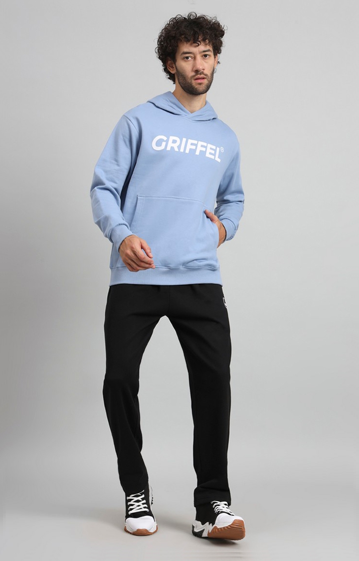 GRIFFEL | Men's Regular Fit Front Logo Fleece Basic Hoodie Sky Blue Tracksuit