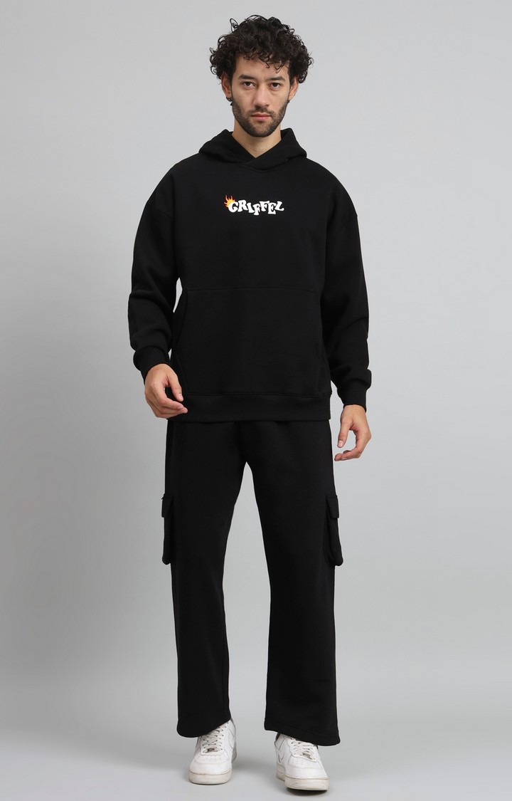 GRIFFEL | Men Oversized Fit Never look back Cotton Black Fleece Hoodie and trackpant