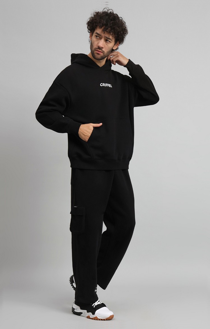 Men Oversized Fit Never look back Cotton Black Fleece Hoodie and trackpant