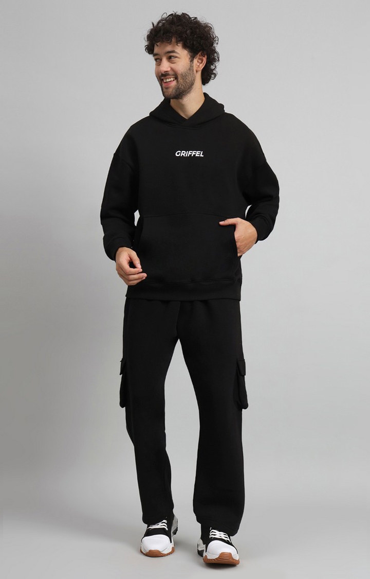 GRIFFEL | Men Oversized Fit Never look back Cotton Black Fleece Hoodie and trackpant