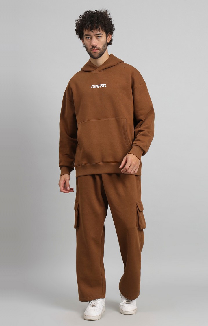 GRIFFEL | Men Oversized Fit Front Logo Cotton Brown Fleece Hoodie and trackpant