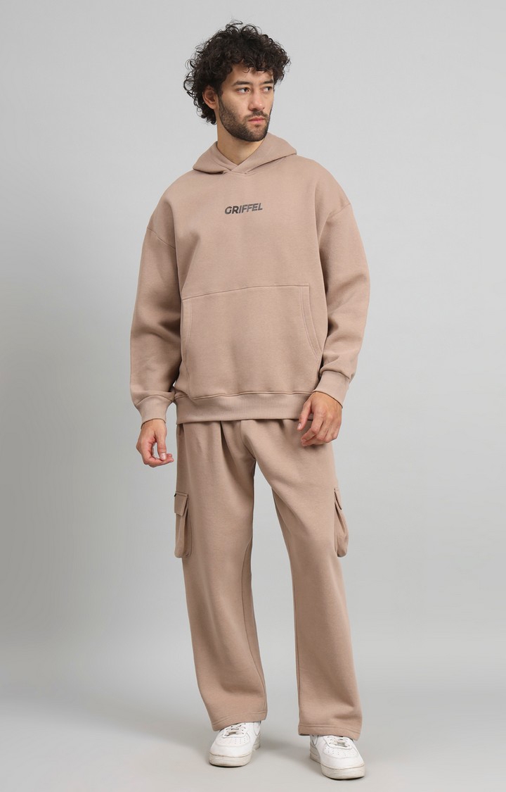 Men Oversized Fit Front Logo Cotton Camel Fleece Hoodie and trackpant