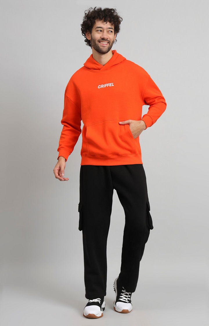 GRIFFEL | Men Oversized Fit Front Logo Cotton Orange Fleece Hoodie and trackpant