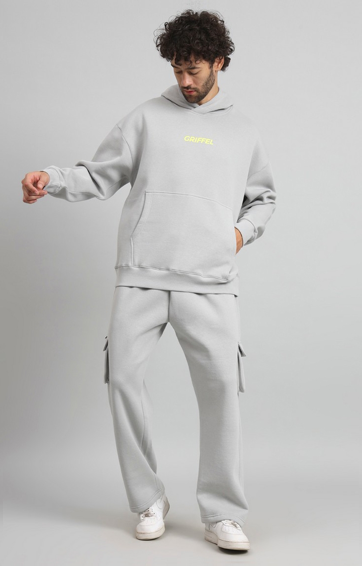 GRIFFEL | Men Oversized Fit Front Logo Cotton Grey Fleece Hoodie and trackpant