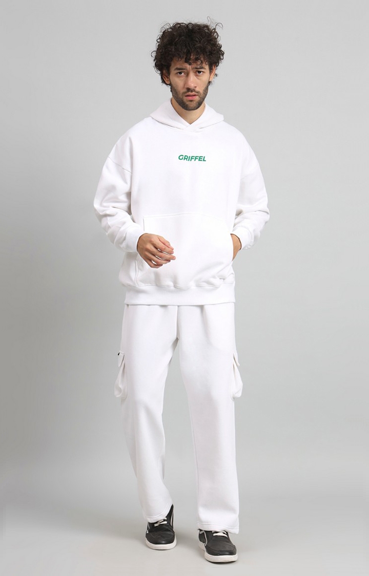 GRIFFEL | Men Oversized Fit Front Logo Cotton White Fleece Hoodie and trackpant