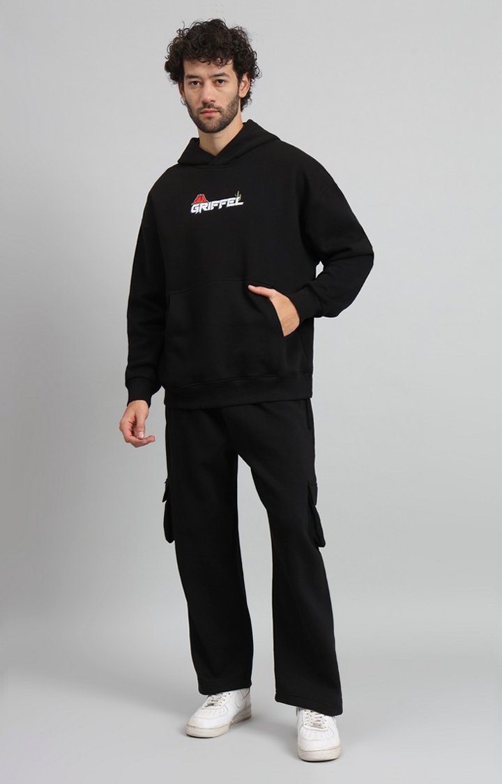 GRIFFEL | Men Oversized Fit Back Print Cotton Fleece Black Hoodie and trackpant