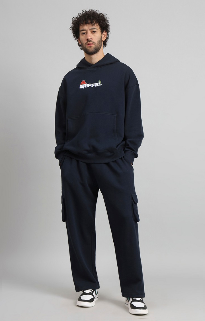 GRIFFEL | Men Oversized Fit Back Print Cotton Fleece Navy Hoodie and trackpant