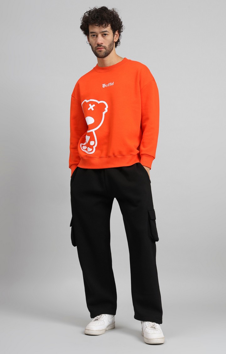 GRIFFEL | Men Oversized Fit  Teddy Print Round Neck Cotton Fleece Orange Tracksuit