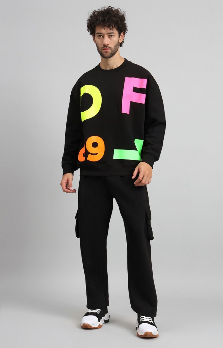 GRIFFEL | Men Oversized Fit GFL09 Neon Print Round Neck Cotton Fleece Black Tracksuit