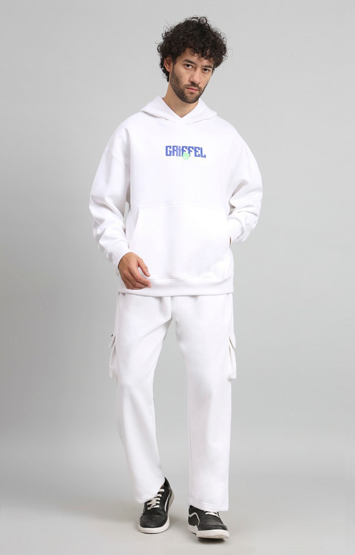 GRIFFEL | Men Oversized Fit New Era Print Front Logo Cotton White Fleece Tracksuit