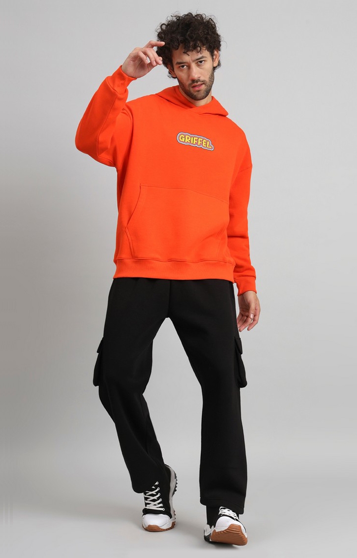 Men Oversized Fit BAD GUY Print Front Logo Cotton Orange Fleece Tracksuit
