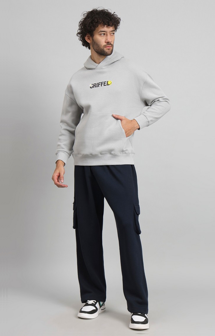 GRIFFEL | Men Oversized Fit Chill Vibe Print Front Logo Cotton Grey Fleece Tracksuit