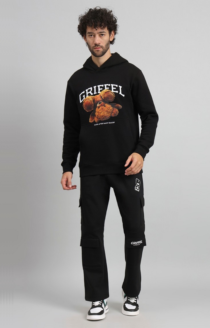 GRIFFEL | Men Regular Fit Bear Print Front Logo Cotton Black Fleece Tracksuit
