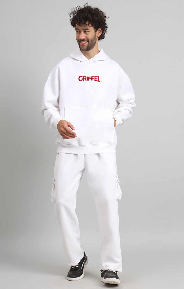 GRIFFEL | Men Oversized Fit SNAKE Print Front Logo Cotton White Fleece Tracksuit