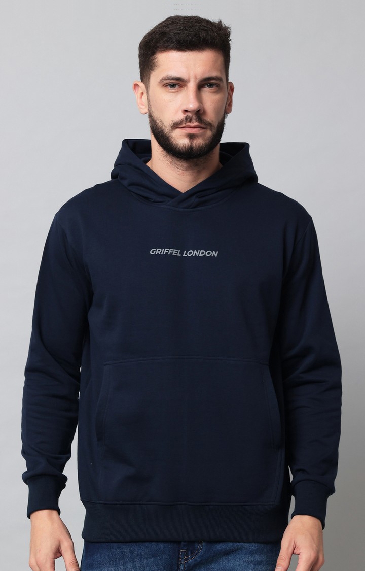 Men's Front Logo Solid Fleece Basic Navy Hoodie Sweatshirt