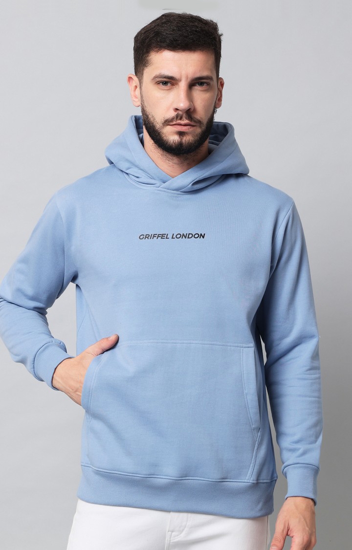GRIFFEL | Men's Front Logo Solid Fleece Basic Sky Blue Hoodie Sweatshirt