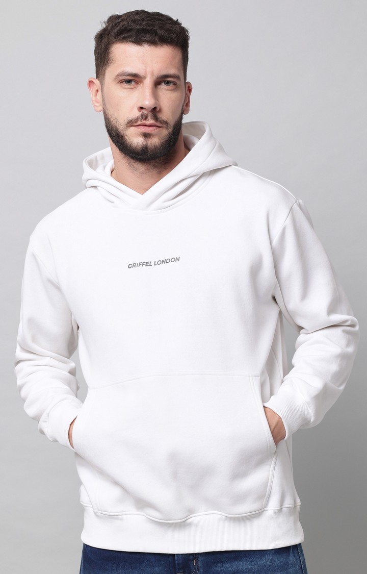GRIFFEL | Men's Front Logo Solid Fleece Basic White Hoodie Sweatshirt