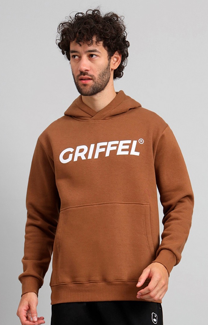 GRIFFEL | Men's Regular Fit Brown Front Logo Fleece Hoodie Sweatshirt