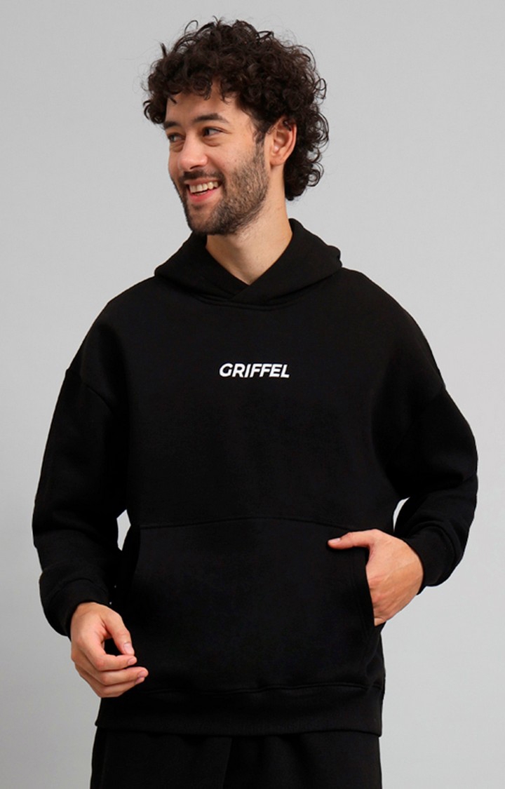 GRIFFEL | Men's Black Front Logo Oversized Fleece Hoodie Sweatshirt