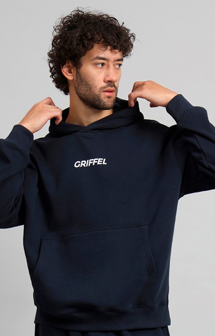 GRIFFEL | Men's Navy Front Logo Oversized Fleece Hoodie Sweatshirt