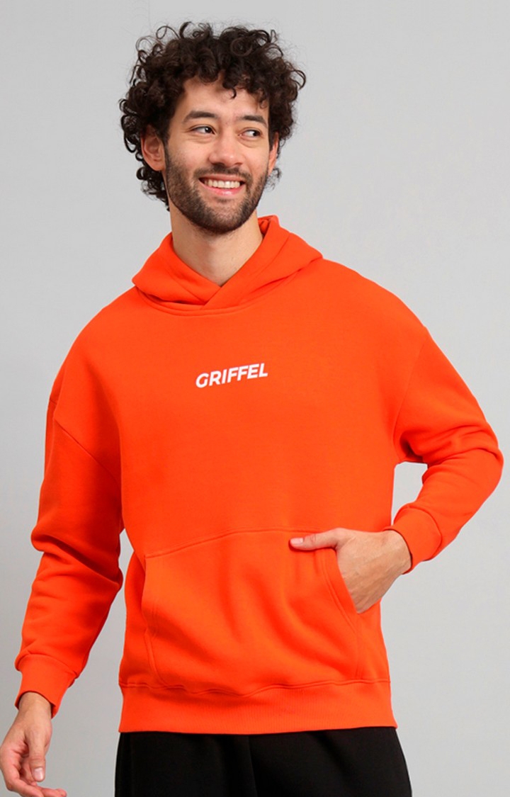 GRIFFEL | Men's Orange Front Logo Oversized Fleece Hoodie Sweatshirt