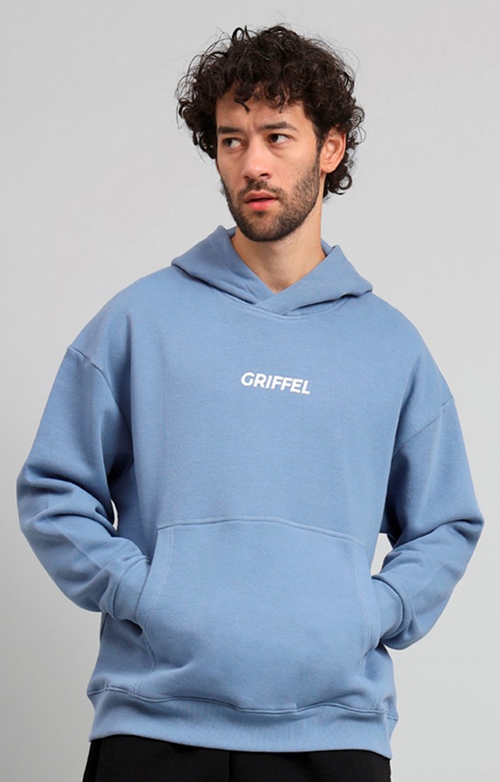 GRIFFEL | Men's Sky Blue Front Logo Oversized Fleece Hoodie Sweatshirt