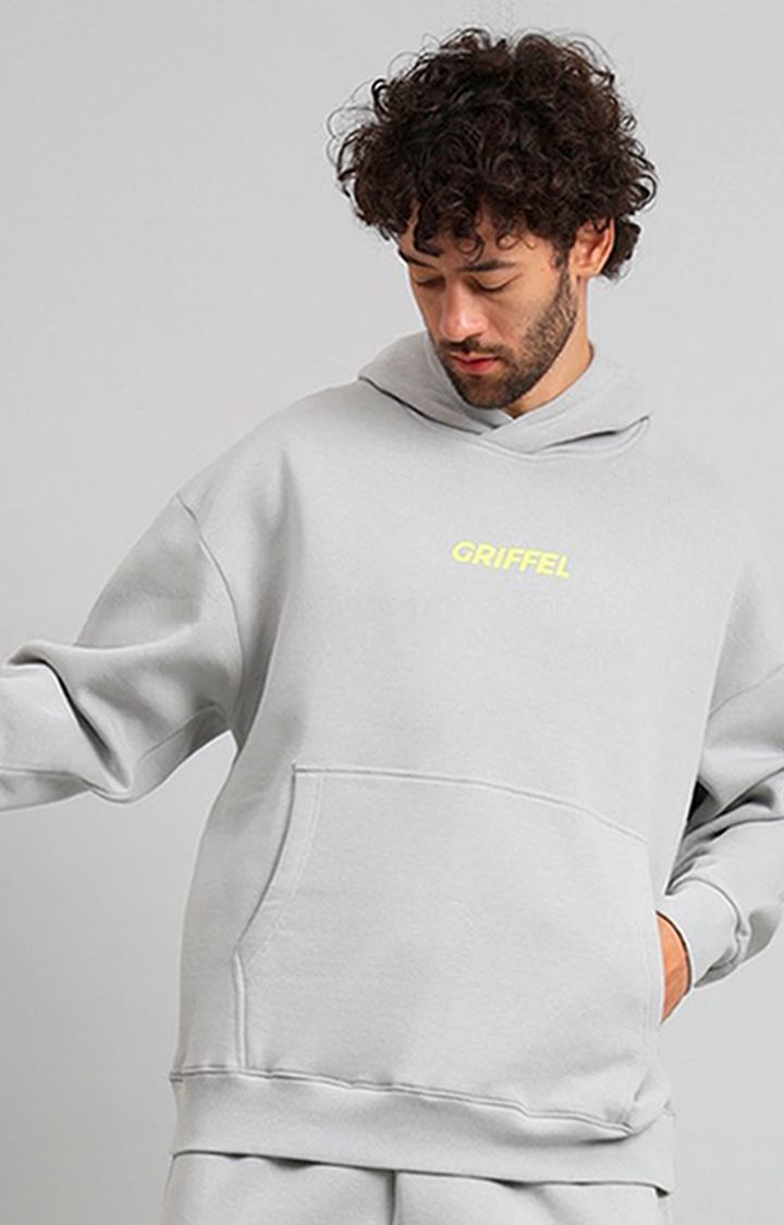 GRIFFEL | Men's SteelGrey Front Logo Oversized Fleece Hoodie Sweatshirt