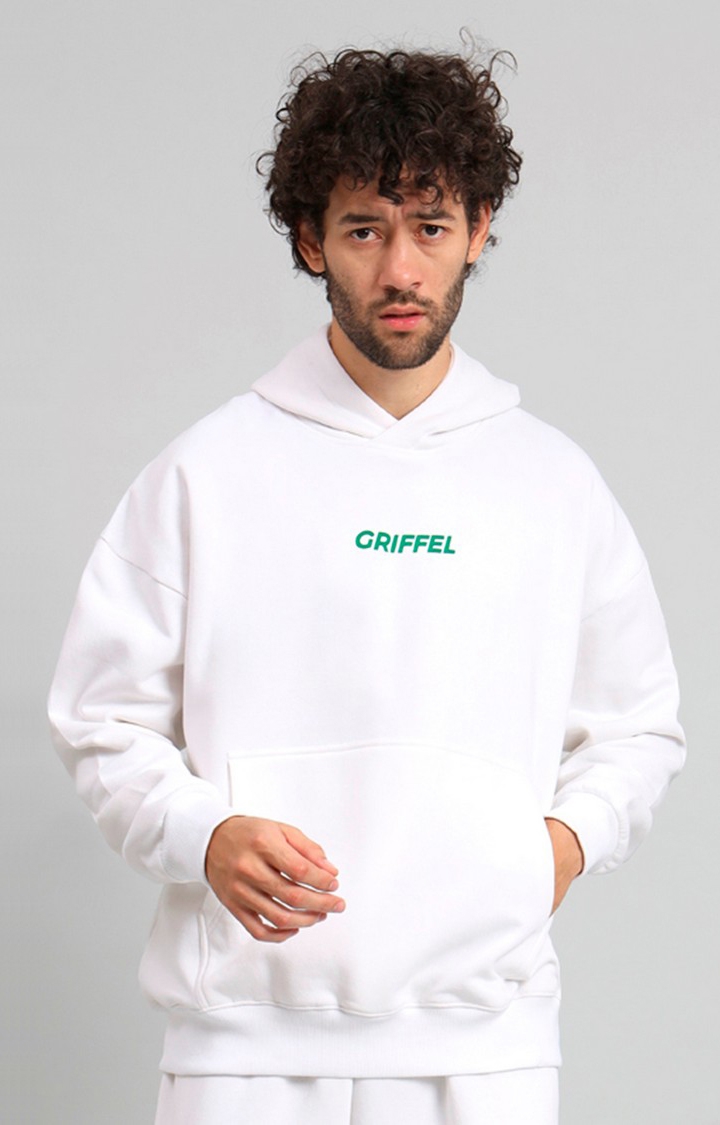 GRIFFEL | Men's White Front Logo Oversized Fleece Hoodie Sweatshirt