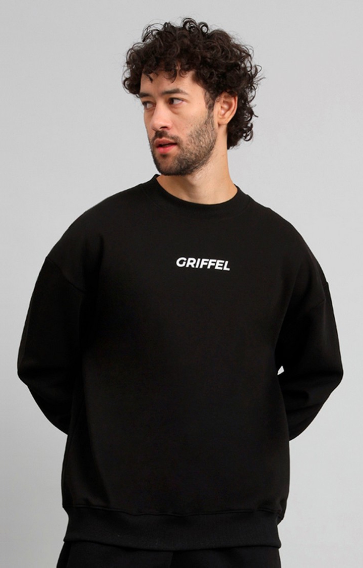 GRIFFEL | Men's Black Fron Logo Oversized Round Neck 100% Cotton Fleece Sweatshirt