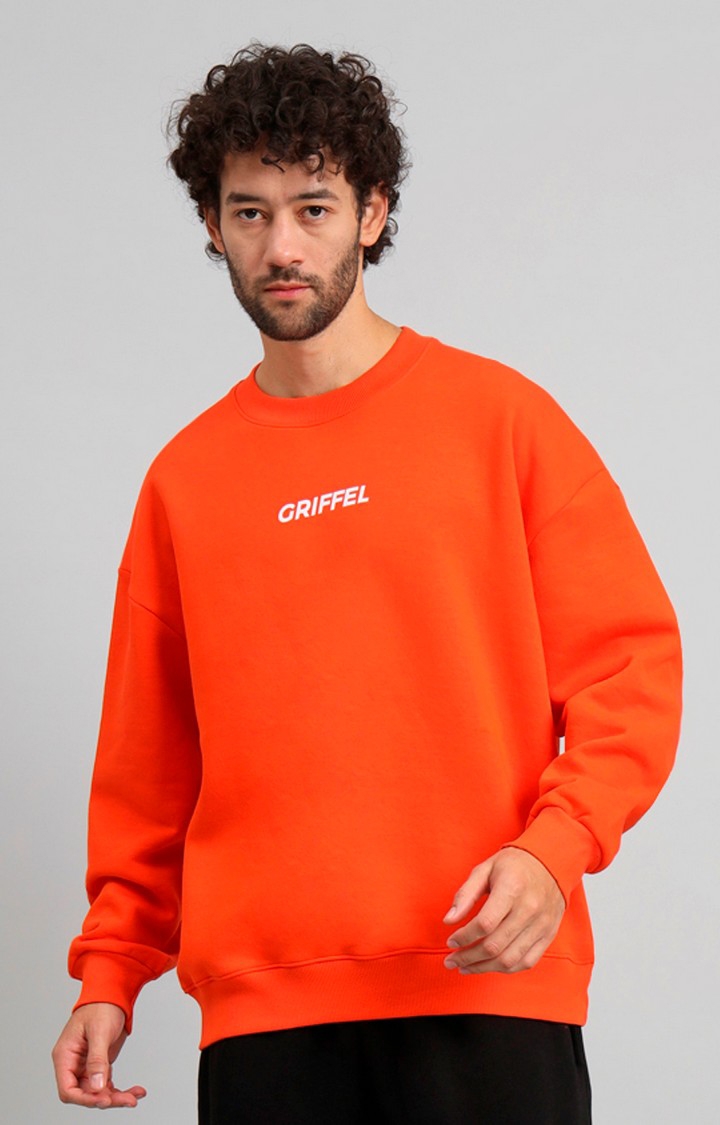 Men's Orange Fron Logo Oversized Round Neck 100% Cotton Fleece Sweatshirt