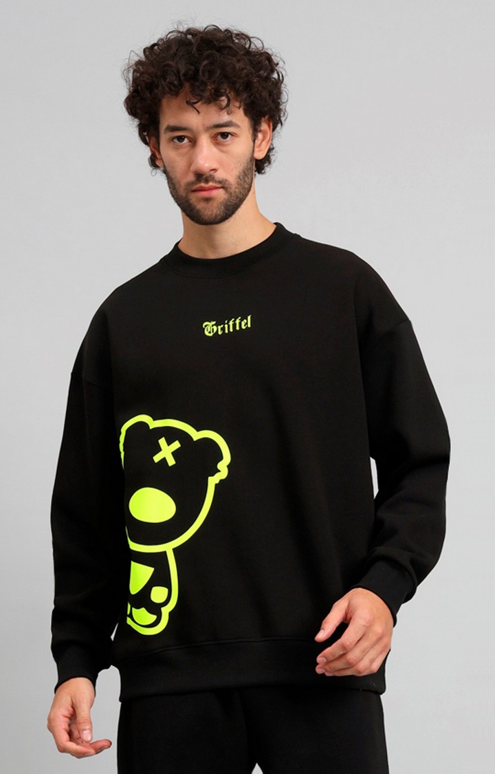 GRIFFEL | Men's Black Teddy Print Oversized Round Neck 100% Cotton Fleece Sweatshirt